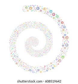 Clock fireworks whirl spiral. Vector illustration style is flat bright multicolored scattered symbols. Object swirl constructed from scattered pictographs.