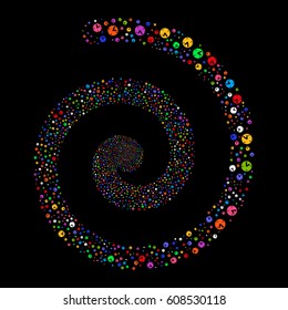Clock fireworks whirl spiral. Vector illustration style is flat bright multicolored scattered symbols. Object whirlpool constructed from scattered symbols.