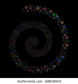 Clock fireworks whirl spiral. Vector illustration style is flat bright multicolored scattered symbols. Object vortex constructed from scattered icons.