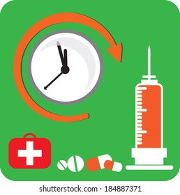 Clock, first aid box, syringe and medical pills. Concept for health care and medication schedule. Vector EPS 10. 