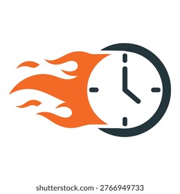 Clock with flames passing fast time speed concept icon fast moving clock icon