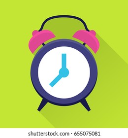 Clock flat icon. Classic alarm clock. Time, morning, hour or minute symbol. Web and mobile design element. Flat internet icon with long shadow in cartoon style. Vector colored illustration.