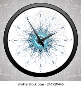 Clock flat icon design and template with lace ornament. time, watch, icon, wall, old. Indian, Arabic, Islamic motifs. Vintage design elements. Clock face The alarm clock icon. Vector illustration