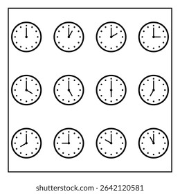 clock flat icon. clock icon vector design. Set of clocks for every hour. clock icon set 1 to 12 Hours.
