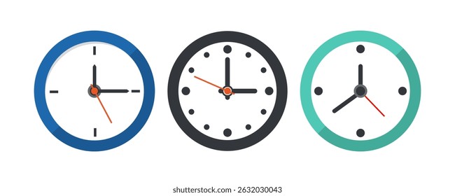 Clock flat icon vector illustration. Wall clock faces, timer clock, watch faces designs for web, app, and creative projects isolated on transparent background, office clock business concept pictogram.