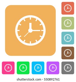 Clock flat icons on rounded square vivid color backgrounds.
