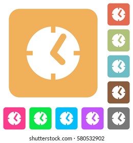 Clock flat icons on rounded square vivid color backgrounds.
