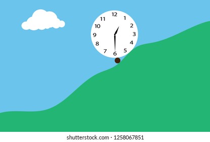 Clock in flat style on mountain background. Vector illustrator design.