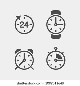 Clock flat vector icons set. Stopwatch, alarm, wrist watch flat vector icons set