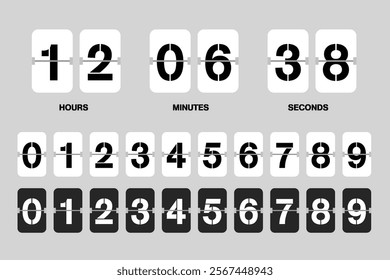  Clock flip countdown display. Set numbers flip watch. Black and white counted flip display isolated on white background, modern style.