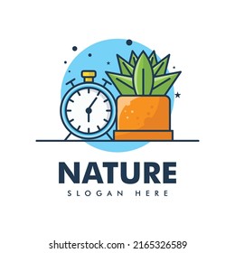 clock and flower logo design on blue background
