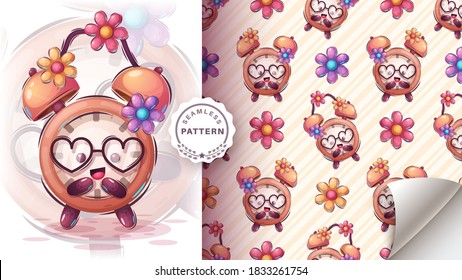 Clock with flower - seamless pattern. Vector eps 10