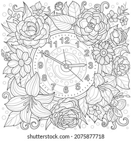 
Clock   flowers Coloring book antistress for children   adults  Illustration isolated white background Zen  tangle style  Hand draw