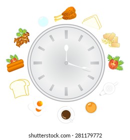Clock with food and kitchen utensils, meal time, vector, illustration.