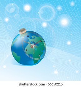 Clock in form of globe on a blue background with flares