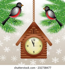 clock in form house and bullfinch on green branches,vector illustration