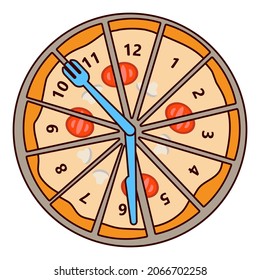 A clock in the form of a pizza. The pizza is divided into 12 parts, it symbolizes delivery time and working time.