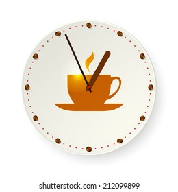 Clock in the form of saucer with coffee beans instead of clock face and image of hot coffee mug in the center