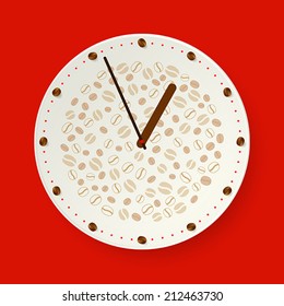 Clock in the form of saucer with coffee beans instead of clock face and coffee pattern in the center