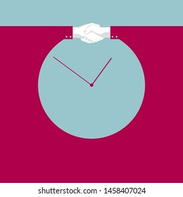 The clock formed by the handshake. Isolated on blue background.