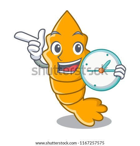 With clock fresh raw shrimps on character cartoon