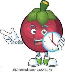 With clock fruit mangosteen cartoon character for health