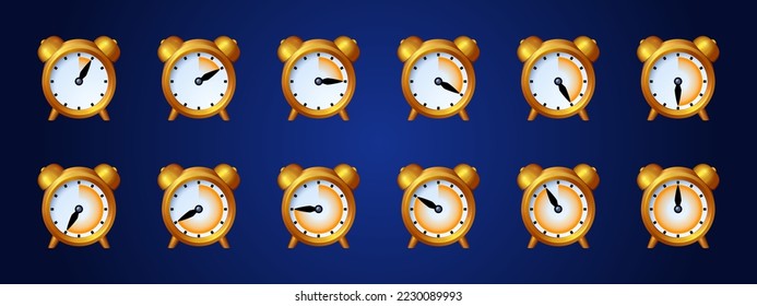 Clock game icons, time animation sprite sheet. Alarm clock with moving arrows sequence frame. Watches graphic design elements for application, timer, loading process, Cartoon isolated vector icons set