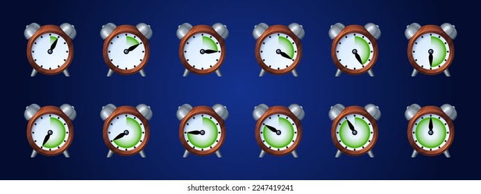 Iconos del juego del reloj, hoja de cálculo de animación del tiempo. Reloj de alarma con marco de secuencia de flechas en movimiento. Observa elementos de diseño gráfico para aplicación, temporizador, proceso de carga, conjunto de iconos vectoriales aislados de dibujos animados