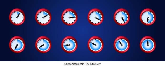 Iconos del juego del reloj, hoja de cálculo de animación del tiempo. Reloj rojo con marco de secuencia de flechas en movimiento. Observa elementos de diseño gráfico para aplicación, temporizador, proceso de carga, conjunto de iconos vectoriales aislados de dibujos animados