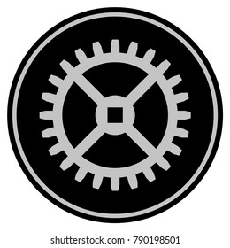 Clock Gear black coin icon. Vector style is a flat coin symbol using black and light gray colors.