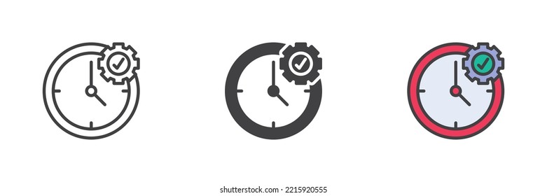Clock and gear with check mark different style icon set. Line, glyph and filled outline colorful version, outline and filled vector sign. Time management symbol, logo illustration. Vector graphics