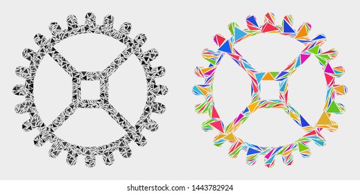 Clock gear collage icon of triangle items which have variable sizes and shapes and colors. Geometric abstract vector design concept of clock gear.