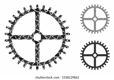 Clock gear composition of raggy items in variable sizes and shades, based on clock gear icon. Vector tremulant items are combined into composition. Clock gear icons collage with dotted pattern.
