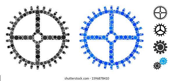 Clock gear composition of small circles in variable sizes and color tints, based on clock gear icon. Vector filled circles are organized into blue composition.