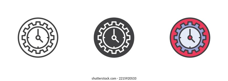 Clock gear different style icon set. Line, glyph and filled outline colorful version, outline and filled vector sign. Time management symbol, logo illustration. Vector graphics