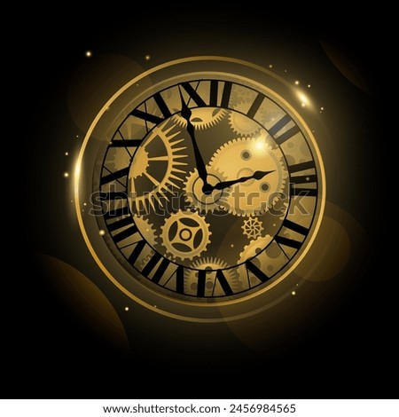 Clock gear. Gold watch. Abstract circle dial. Clockwork mechanism. Hours measurement. Minutes countdown. Chronometer technology. Ancient arrows and cogwheels. Antique timepiece. Vector time concept