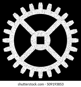 Clock Gear grainy textured icon for overlay watermark stamps. Flat symbol with unclean texture. Dotted vector white ink rubber seal stamp with grunge design on a black background.
