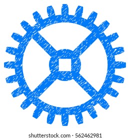 Clock Gear grainy textured icon for overlay watermark stamps. Flat symbol with unclean texture. Dotted vector blue ink rubber seal stamp with grunge design on a white background.