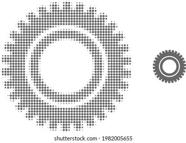 Clock gear halftone dotted icon illustration. Halftone array contains circle pixels. Vector illustration of clock gear icon on a white background. Flat abstraction for clock gear object.