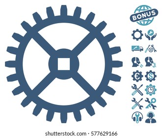 Clock Gear icon with bonus setup tools graphic icons. Vector illustration style is flat iconic cyan and blue symbols on white background.