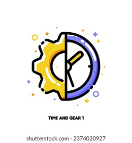 Clock and gear icon for concept of good time management as a foundation of productivity. Flat filled outline style. Pixel perfect 64x64. Editable stroke