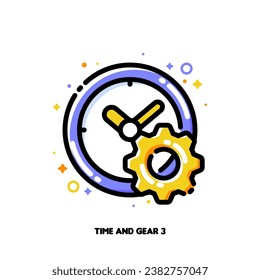 Clock and gear icon for concept of time management developing to boosting business efficiency. Flat filled outline style. Pixel perfect 64x64. Editable stroke
