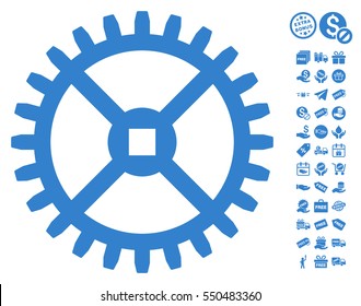 Clock Gear icon with free bonus pictograph collection. Vector illustration style is flat iconic symbols, cobalt color, white background.