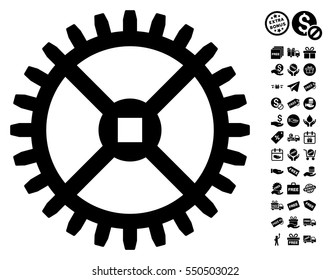 Clock Gear icon with free bonus pictograms. Vector illustration style is flat iconic symbols, black color, white background.
