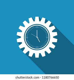 Clock gear icon isolated with long shadow. Time Management symbol. Flat design. Vector Illustration