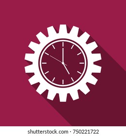 Clock gear icon isolated with long shadow. Flat design. Vector Illustration
