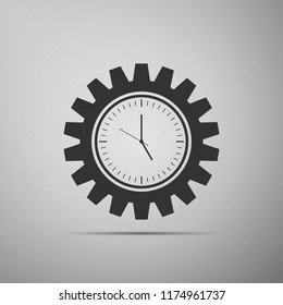 Clock gear icon isolated on grey background. Time Management symbol. Flat design. Vector Illustration