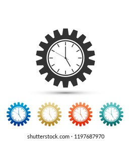 Clock gear icon isolated on white background. Set elements in colored icons. Flat design. Vector Illustration