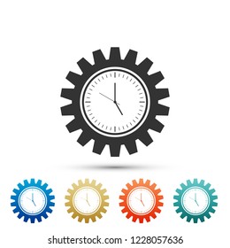 Clock gear icon isolated on white background. Time Management symbol. Set elements in colored icons. Flat design. Vector Illustration