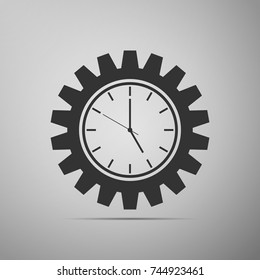 Clock gear icon isolated on grey background. Flat design. Vector Illustration